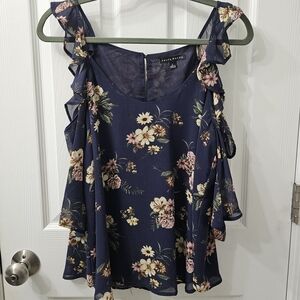 Forever 21 Navy Floral Ruffle Blouse